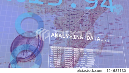 Image of diagrams and data processing over world map and compass 124683180