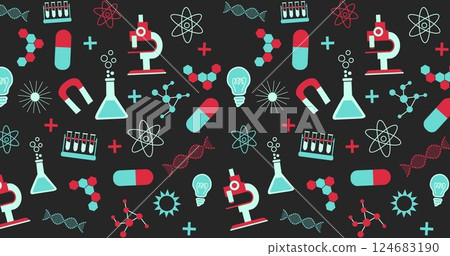 Image of science items icons on black background Image of science items icons on black background 124683190