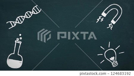Image of school items icons with copy space on black background 124683192