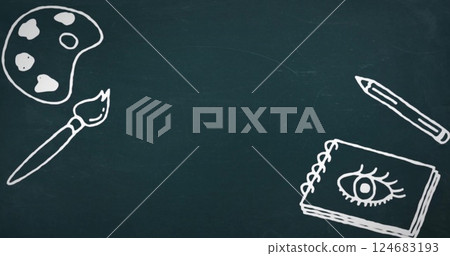 Image of school items icons with copy space on black background Image of school items icons with copy space on black background 124683193