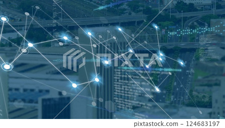 Image of connections over data processing and cityscape 124683197