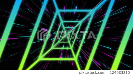 Image of shapes and digital tunnel over black background 124683210
