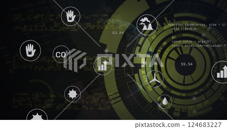 Image of scope scanning over data processing and ecology icons Image of scope scanning over data processing and ecology icons 124683227