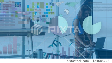 Image of data processing over caucasian businesswoman using laptop in office 124683228