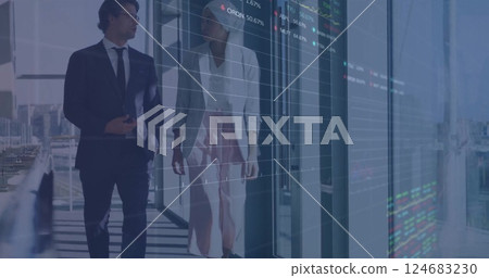 Image of data processing over diverse business people walking in office 124683230