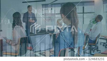 Image of data processing over diverse business people at meeting in office 124683231