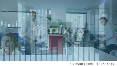 Image of data processing over diverse business people working in office 124683235