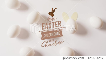 Image of happy easter text over white eggs on white background Image of happy easter text over white eggs on white background 124683247