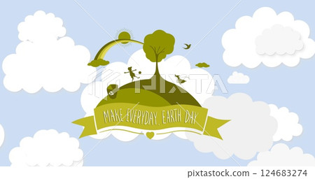 Image of make everyday earth day text over clouds on blue background 124683274