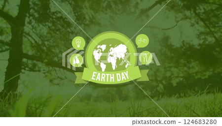 Image of earth day text over globe and grass with trees 124683280
