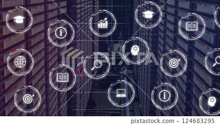 Image of business icons and diagram over server room 124683295