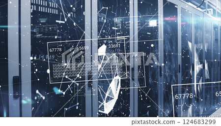 Image of data processing over shapes and server room Image of data processing over shapes and server room 124683299