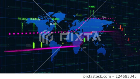 Image of graph and data processing over blue world map on black background Image of graph and data processing over blue world map on black background 124683343