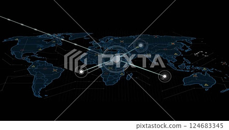Image of communication network and data processing over world map on black background Image of communication network and data processing over world map on black background 124683345