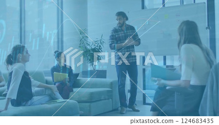 Image of diagrams and data processing over diverse colleagues talking in office 124683435