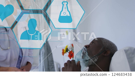 Image of medical icons over caucasian female doctor talking with patient on hospital bed Image of medical icons over caucasian female doctor talking with patient on hospital bed 124683438