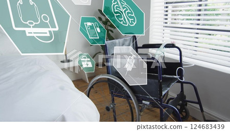 Image of medical icons over empty wheelchair Image of medical icons over empty wheelchair 124683439