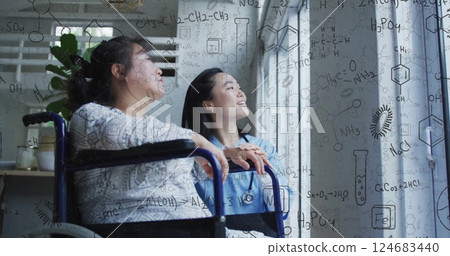 Image of chemical data over asian female nurse with patient in wheelchair talking Image of chemical data over asian female nurse with patient in wheelchair talking 124683440