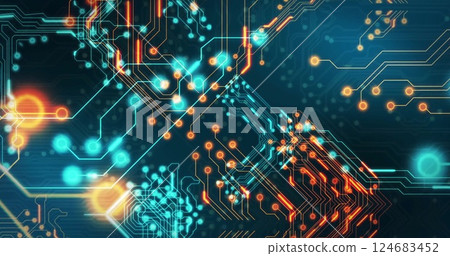 Image of digital data processing over computer circuit board 124683452