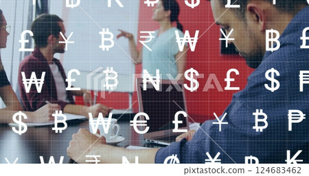 Image of currency icons over diverse colleagues using laptop with copy space at meeting Image of currency icons over diverse colleagues using laptop with copy space at meeting 124683462