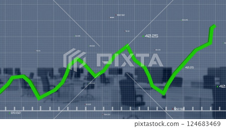 Image of green graph and data processing over computers on desks at empty office 124683469