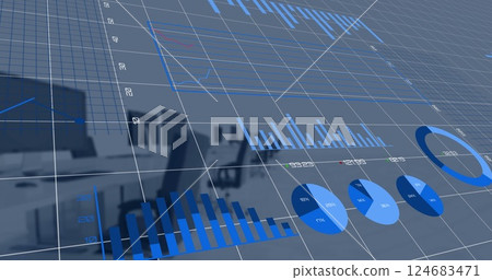 Image of blue charts processing data over computers on desks at empty office Image of blue charts processing data over computers on desks at empty office 124683471