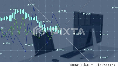Image of graphs and data processing over computer on desk at empty office 124683475