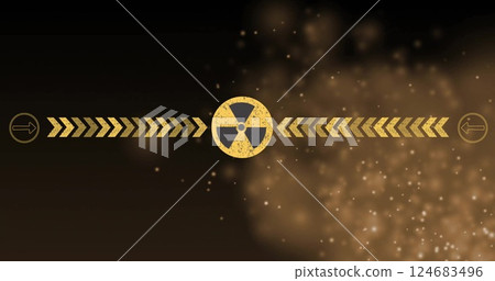 Image of nwarning sign and digital data processing over glowing spots and black background 124683496