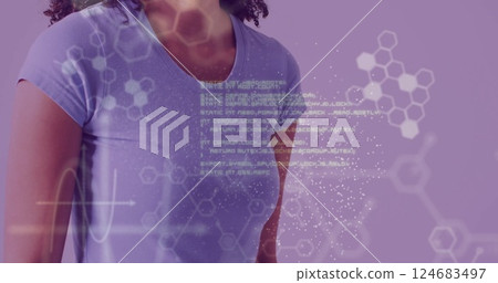 Image of dna, elements and medical data over sick biracial woman feeling neck glands 124683497