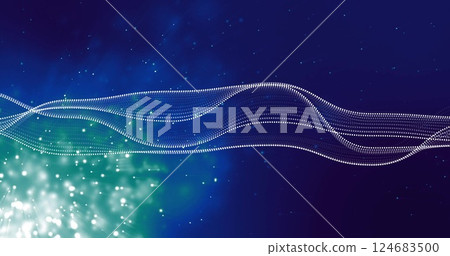 Image of nspot lights and digital data processing over blue background 124683500