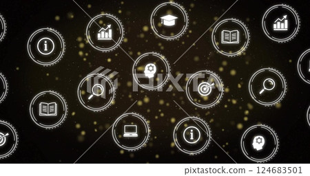 Image of network of icons and digital data processing over black background 124683501