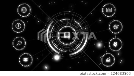 Image of network of icons and digital data processing over black background 124683503
