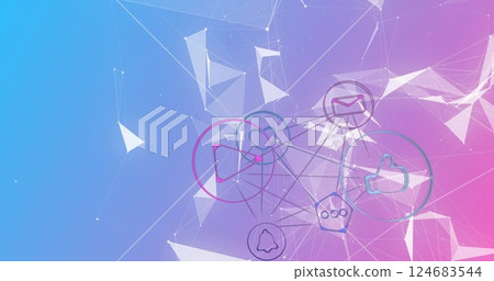 Image of network of connections with social media icons on purple background 124683544