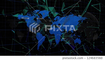 Image of data processing over world map on black background 124683560