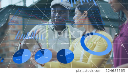 Image of data processing and diagrams over diverse colleagues using tablet in office Image of data processing and diagrams over diverse colleagues using tablet in office 124683565
