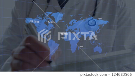 Image of data processing over caucasian male doctor Image of data processing over caucasian male doctor 124683566