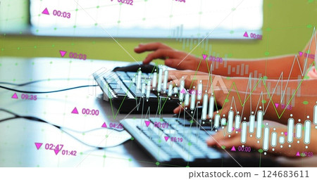 Image of data processing over diverse schoolchildren using computers 124683611
