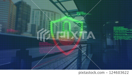 Image of padlock in shield over data processing and train station Image of padlock in shield over data processing and train station 124683622