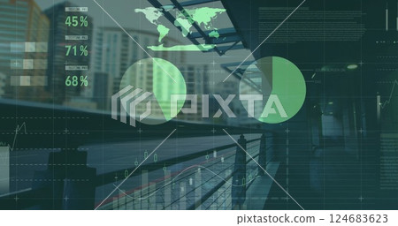 Image of data processing and diagrams over train station Image of data processing and diagrams over train station 124683623