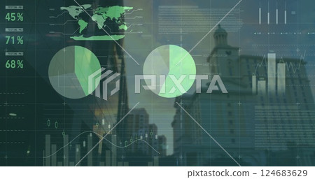 Image of data processing and diagrams over cityscape Image of data processing and diagrams over cityscape 124683629