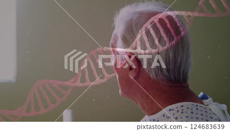 Image of dna strand over senior caucasian man in hospital 124683639