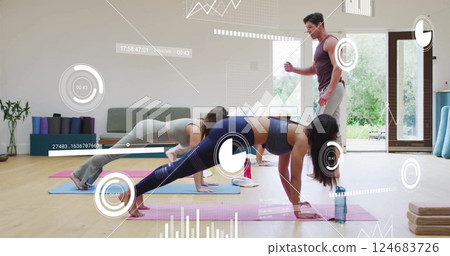 Image of diagrams and data processing over diverse women with male coach exercising Image of diagrams and data processing over diverse women with male coach exercising 124683726