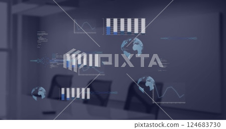 Image of financial data processing over empty room in office Image of financial data processing over empty room in office 124683730