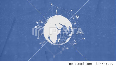 Image of globe with currency icons and data processing over blue background 124683749