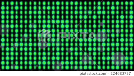 Image of rows of green glowing light spots flickering over black background 124683757
