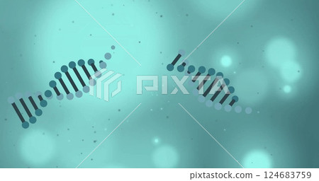 Image of dna strands and glowing light spots moving over blue background 124683759