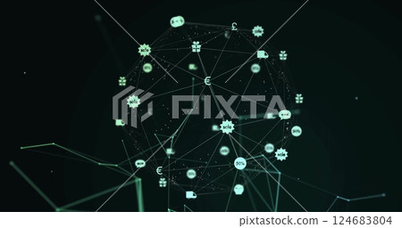 Image of globe of connections with icons on black background Image of globe of connections with icons on black background 124683804