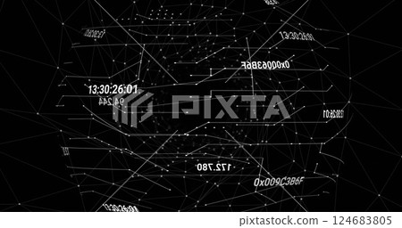 Image of data processing over network of connections on black background 124683805