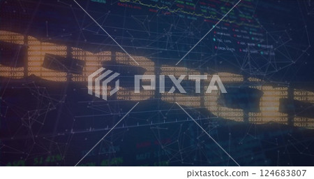 Image of data processing over network of connections on black background Image of data processing over network of connections on black background 124683807