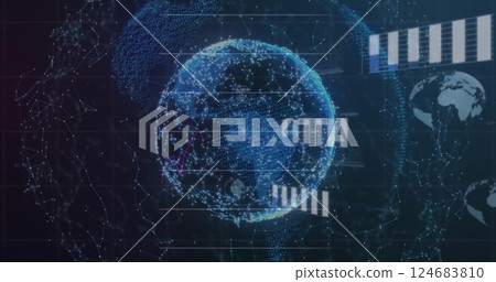 Image of data processing over globe of connections on black background 124683810